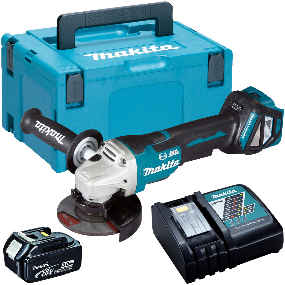 Makita DGA463Z 18V Brushless 115mm Angle Grinder with 1 x 5.0Ah Battery & Charger in Case