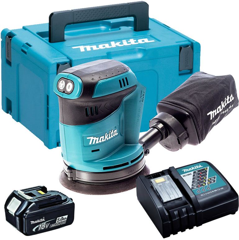 Makita DBO180Z 18V 125mm Sander with 1 x 5.0Ah Battery & Charger in Case