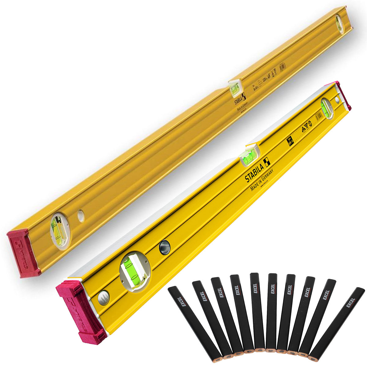 Stabila 96-2 Double Plumb Ribbed Box Level Twin Pack 60cm + 120cm With 10 Pencil Set