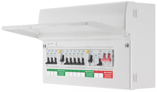 BRITISH GENERAL FORTRESS 16-MODULE 8-WAY POPULATED HIGH INTEGRITY DUAL RCD CONSUMER UNIT WITH SPD (972KR)