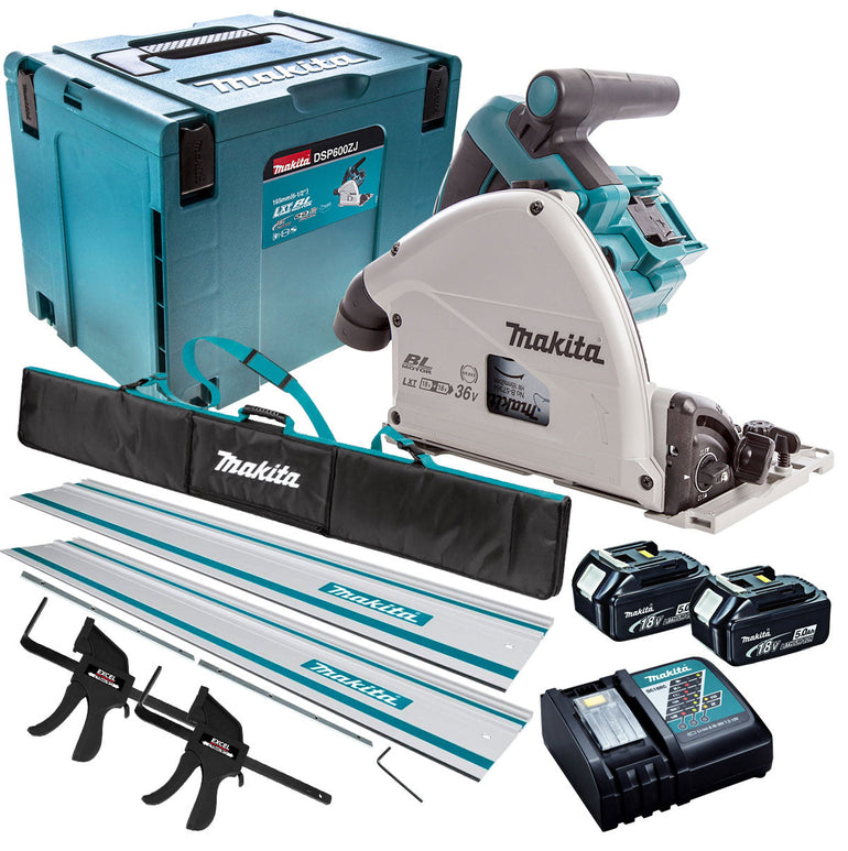 Makita DSP600TJ 36V Brushless Plunge Saw Set 2 x 5.0Ah Batteries & Accessories