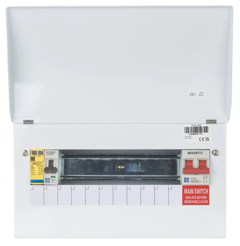 LEWDEN PRO 13-MODULE 9-WAY PART-POPULATED MAIN SWITCH CONSUMER UNIT WITH SPD