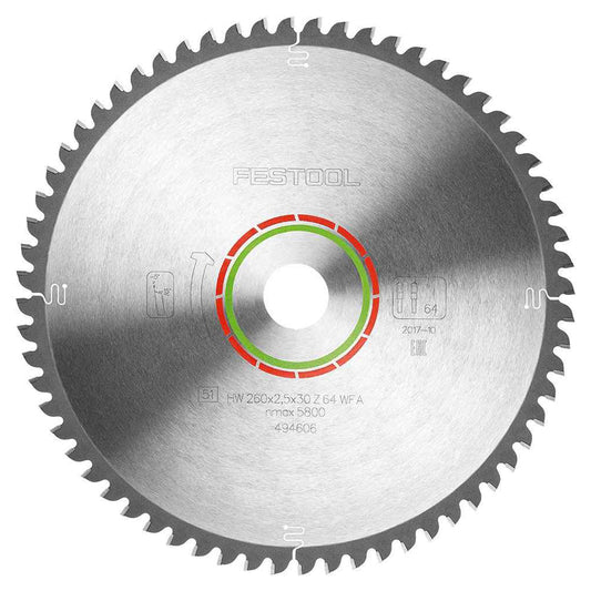 Festool 260mm x 2.5mm x 30mm 64T Laminate / HPL Saw Blade - 494606