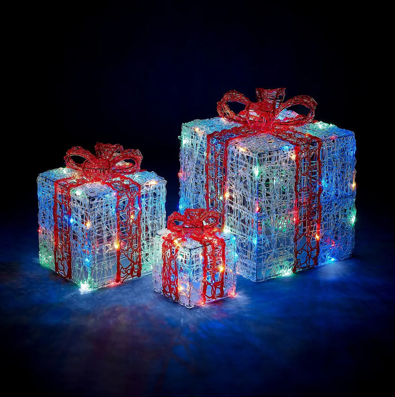 Acrylic LED Set of 3 Gift Boxes Multicoloured 3D Christmas Light Decoration - 15, 25 and 35cm