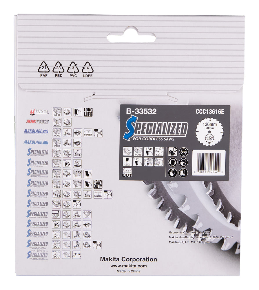 Makita 136mm 16T Wood Specialized Circular Saw Blade B-33532