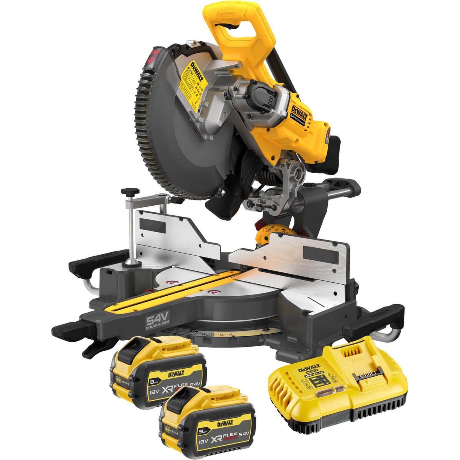 Dewalt DCS781X2 54V XR FlexVolt 305mm Crosscut Sliding Mitre Saw With 2 x 9.0Ah/3.0Ah Batteries Charger