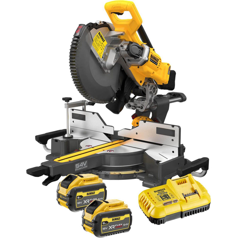 Dewalt DCS781X2 54V XR FlexVolt 305mm Crosscut Sliding Mitre Saw With 2 x 9.0Ah/3.0Ah Batteries Charger