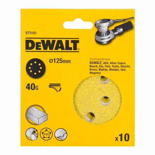 DEWALT DT3101-QZ ROS QUICK FIT SANDING DISCS 125MM 40 GRIT X10 PCS FOR DCW210N & DWE6423