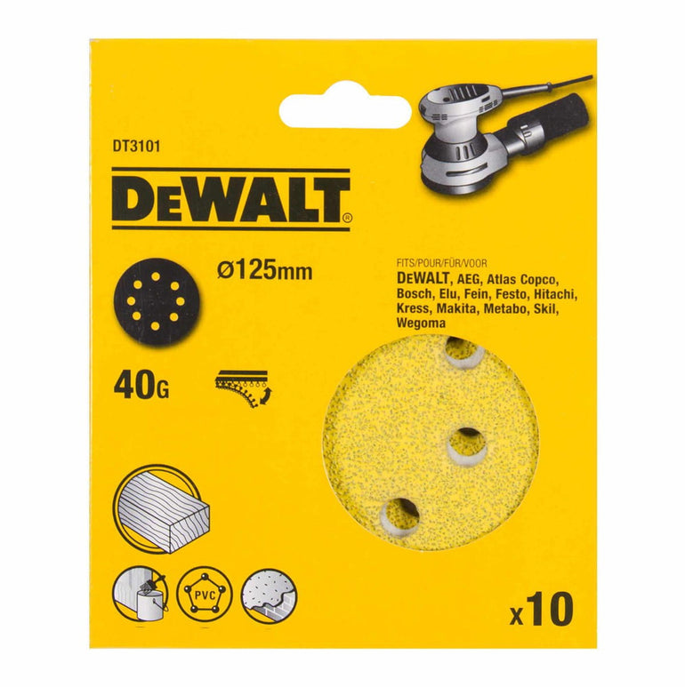 DEWALT DT3101-QZ ROS QUICK FIT SANDING DISCS 125MM 40 GRIT X10 PCS FOR DCW210N & DWE6423