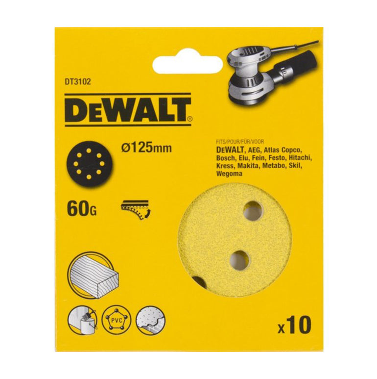 DEWALT DT3102-QZ ROS QUICK FIT SANDING DISCS 125MM 60 GRIT X10 PCS FOR DCW210N & DWE6423