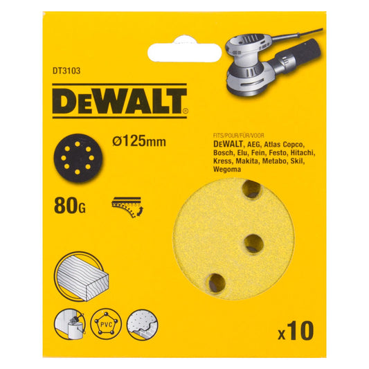 DEWALT DT3103-QZ ROS QUICK FIT SANDING DISCS 125MM 80 GRIT X10 PCS FOR DCW210N & DWE6423