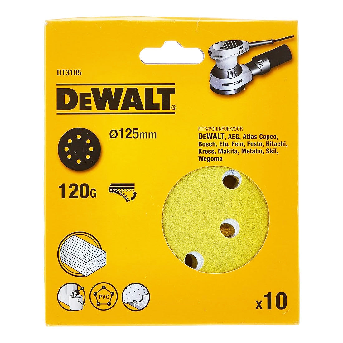 DEWALT DT3105-QZ ROS QUICK FIT SANDING DISCS 125MM 120 GRIT X10 PCS FOR DCW210N & DWE6423