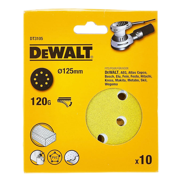 DEWALT DT3105-QZ ROS QUICK FIT SANDING DISCS 125MM 120 GRIT X10 PCS FOR DCW210N & DWE6423