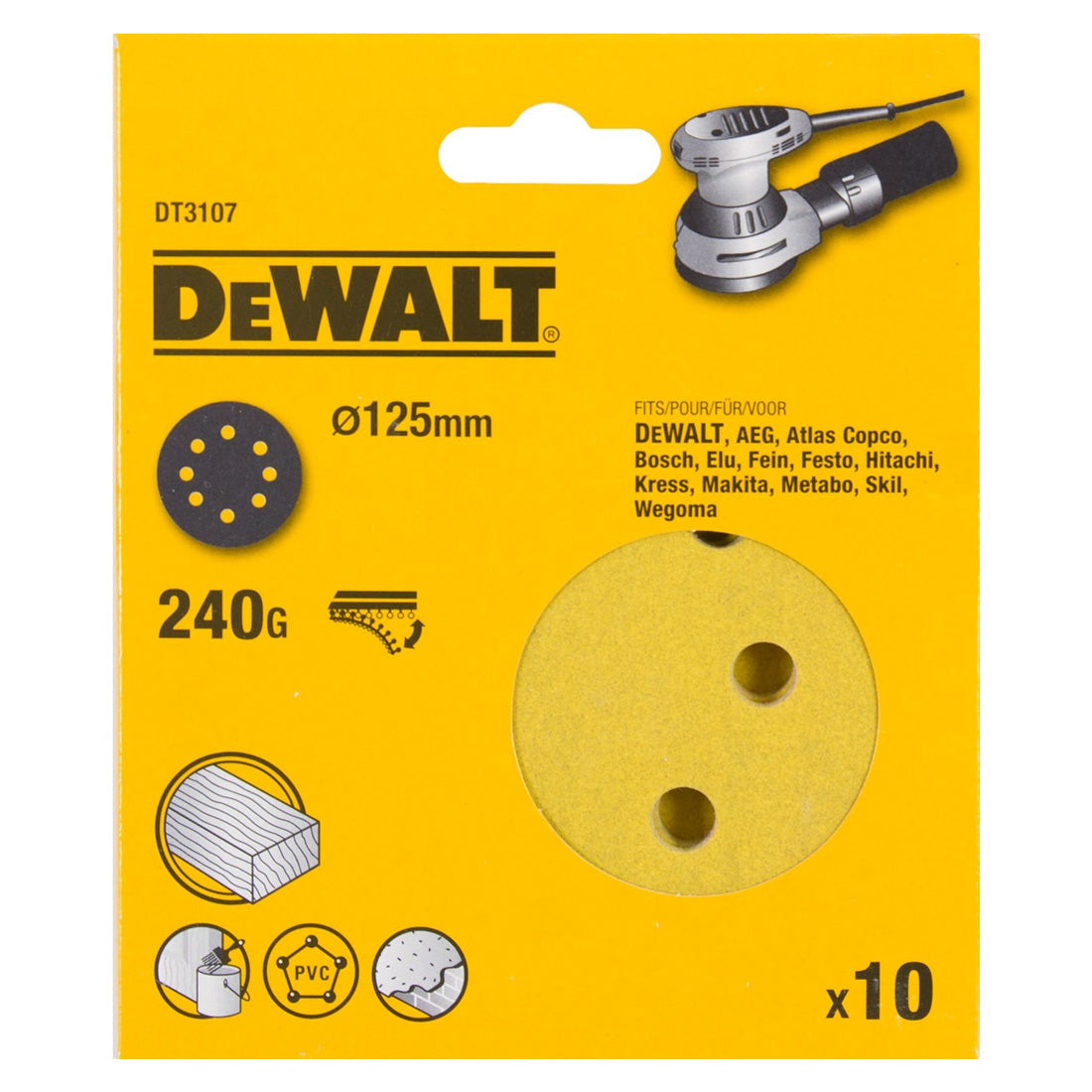 DEWALT DT3107-QZ ROS QUICK FIT SANDING DISCS 125MM 240 GRIT X10 PCS FOR DCW210N & DWE6423