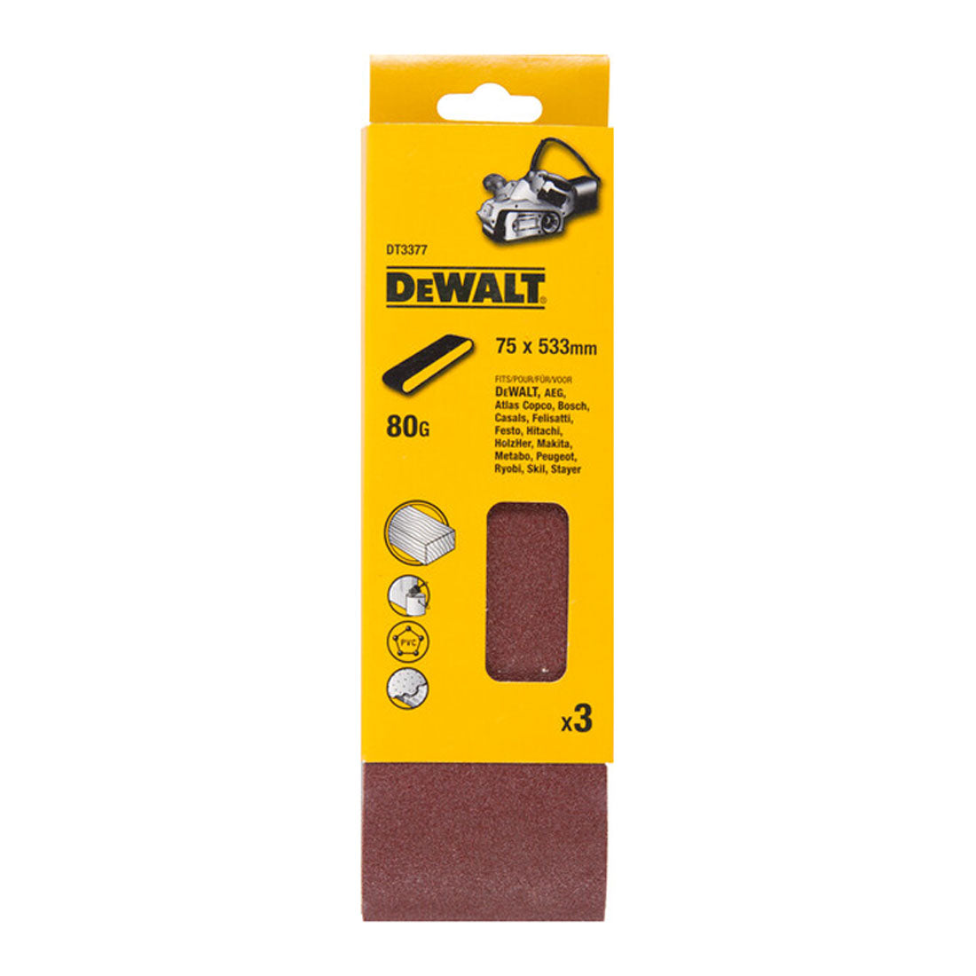 DEWALT DT3377-QZ SANDING BELTS 75MM X 533MM 80 GRIT X3 PCS FOR DCW220