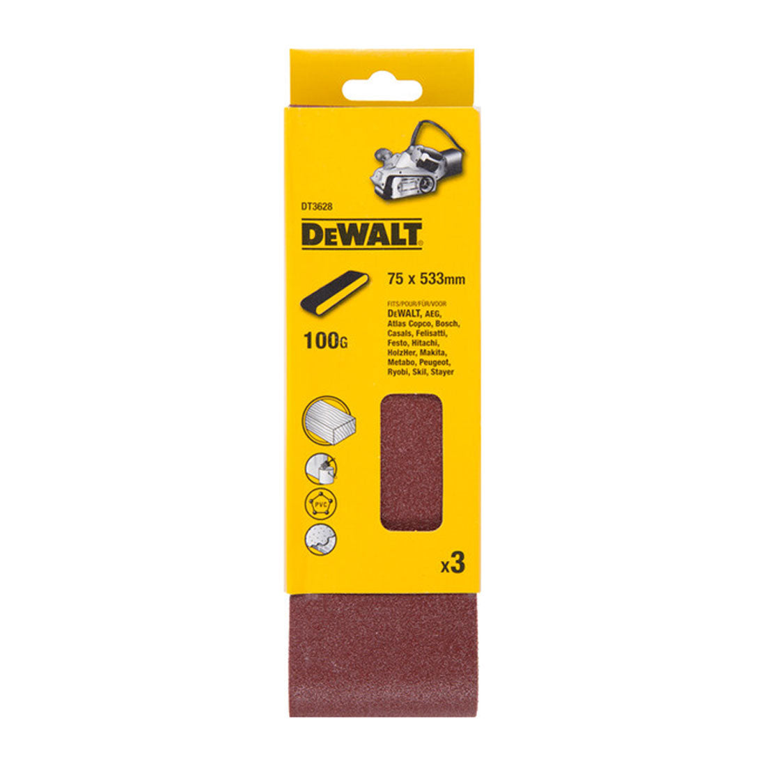 DEWALT DT3628-QZ SANDING BELTS 75MM X 533MM 100 GRIT X3 PCS FOR DCW220