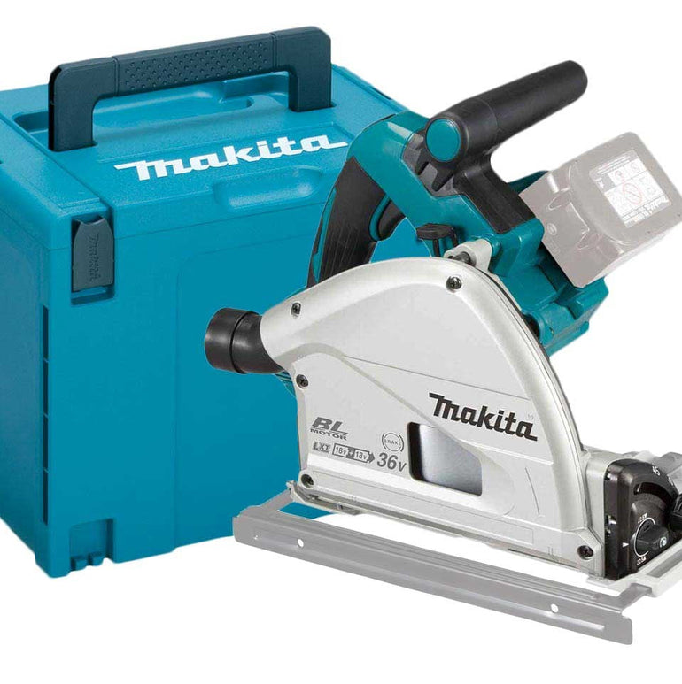 Makita DSP600ZJ 36V Brushless 165mm Plunge Saw with 2x1.5m Guide Rail+Clamp+Bag+Blade