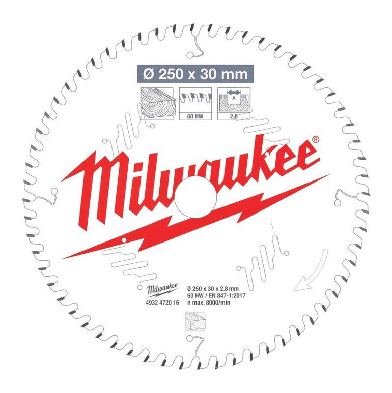 Genuine Milwaukee 4932472016 Wood Cutting Circular Saw Blades 250mm x 30mm 60T