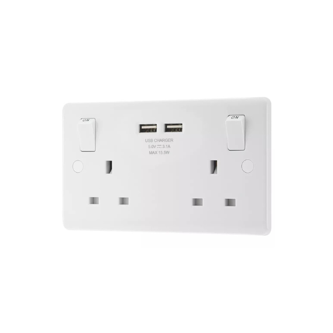 LAP 13A 2-GANG SP SWITCHED SOCKET + 3.1A 2-OUTLET TYPE A USB CHARGER WHITE