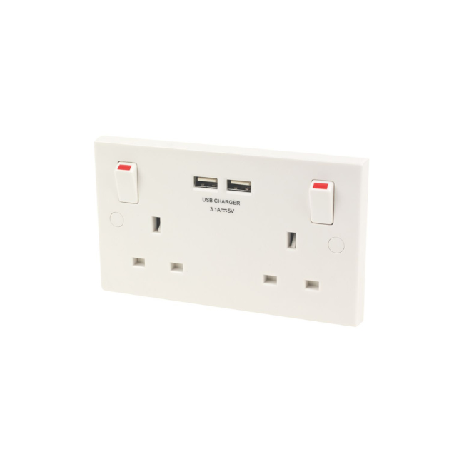 BRITISH GENERAL 900 SERIES 13A 2-GANG SP SWITCHED SOCKET + 3.1A 2-OUTLET TYPE A USB CHARGER WHITE