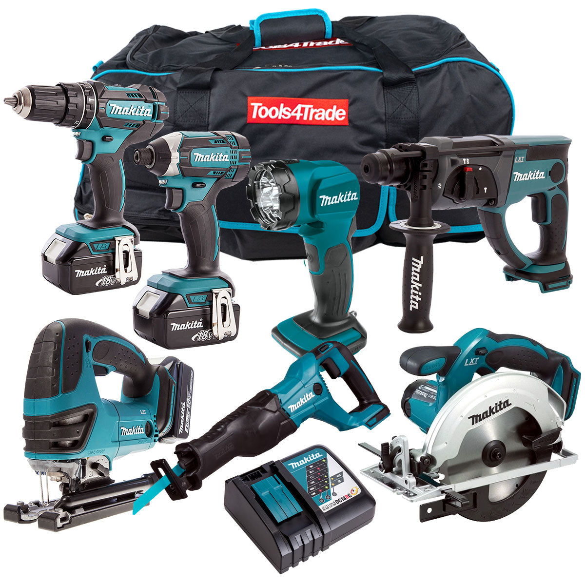 Makita 18V 7 Piece Combo Kit with 3 x 5.0Ah Batteries & Charger T4TKIT-201