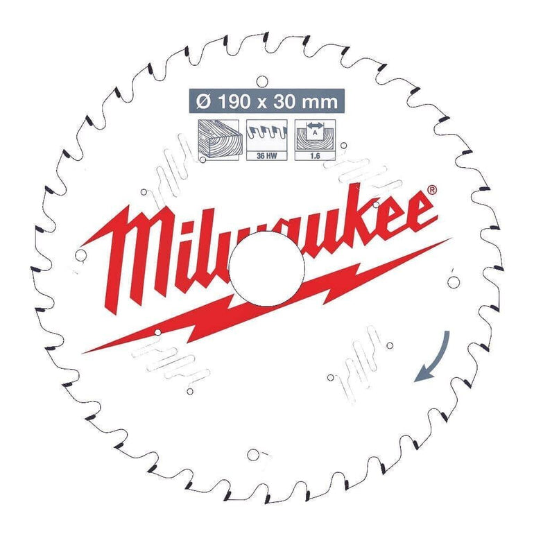 Milwaukee 4932471301 190mm x 30mm x 1.6mm x 36T Wood Cutting Circular Saw Blade