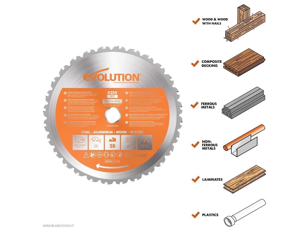 Evolution 255mm x 25.4mm 28T R255TCT-28T Multi Purpose Blade Wood Metal 2mm Ferf