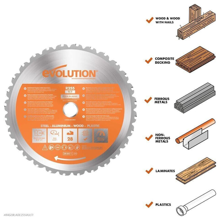 Evolution 255mm x 25.4mm 28T R255TCT-28T Multi Purpose Blade Wood Metal 2mm Ferf