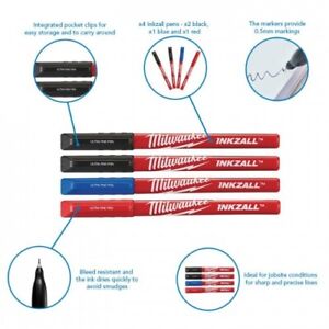 Milwaukee 48223165 INKZALL Ultra Fine Tip Permanent Marker Pens 4 Pack Coloured 0.6mm Tip